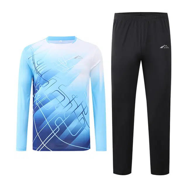赛琪 渐变色印花图案显瘦修身速干冰丝透气凉感球场足球健身跑步训练长袖长裤两件套休闲运动套装 男女同款