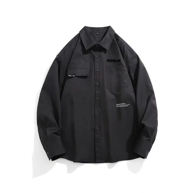 太子龍 美式创意高接纯色舒适户外日常通勤上班落肩翻领长袖青少年宽松衬衫 男款