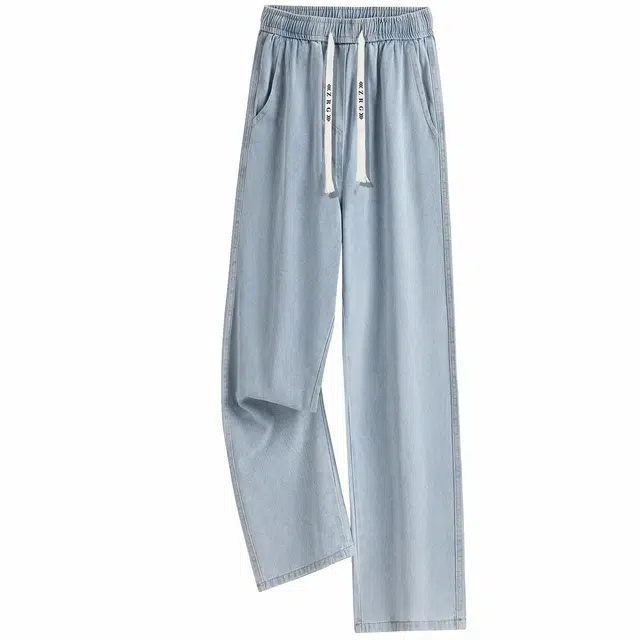 梓润格 美式复古高街弹力百搭垂感刺绣抽绳宽松休闲高级感运动柔软不硬纯色直筒牛仔裤 男女同款