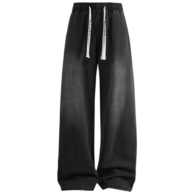 加菲猫家族 美式复古水洗做旧极简风基础款宽松百搭直筒户外时尚通勤街头痞帅青少年青春活力中性风抽绳松紧中腰牛仔裤 男女同款