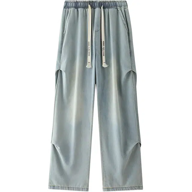 特斯型 美式薄款做旧水洗褶皱直筒宽松潮流松紧腰休闲牛仔裤 男女同款