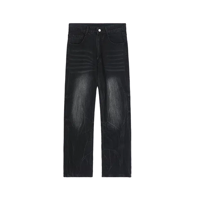 隐狼世家 闪电裂纹水洗男宽松潮流潮牌美式直筒微喇裤子牛仔裤 男款