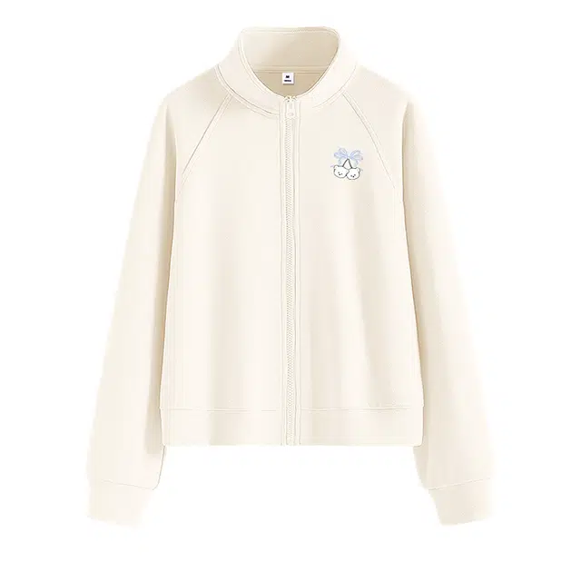 棉致 樱桃熊简约休闲学院风时尚通勤百搭宽松插肩短款挺括抗皱牛奶丝拉链开衫立领卫衣 女款