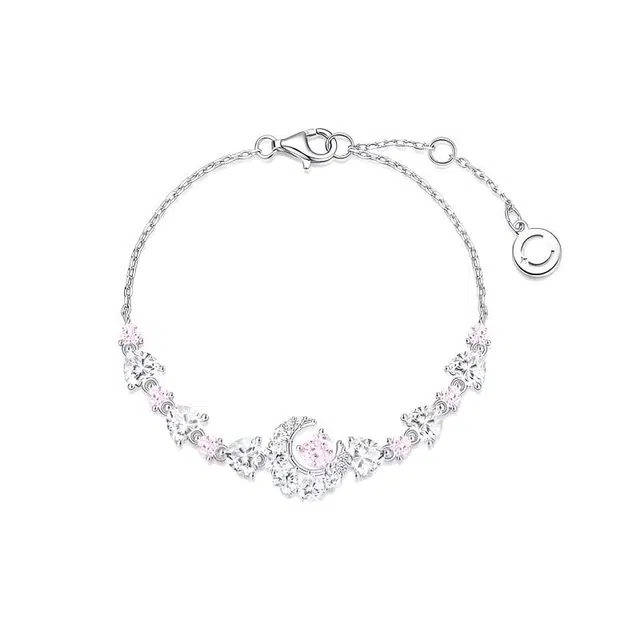 福柚 【免费刻字 代写贺卡 】幻梦心月系列 月亮满钻镶嵌白色粉色爱心宝石 约会穿搭在逃公主 合金 手链 女款