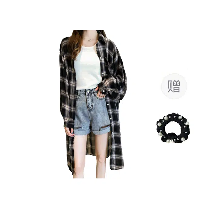 雾闪闪 大码女装港风长袖格子慵懒中长款衬衣衬衫 女款