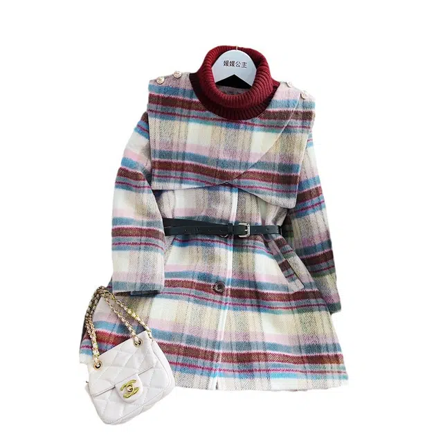 媛媛公主 秋冬格子拼接夹棉保暖加厚时尚舒适百搭长款呢大衣 儿童款