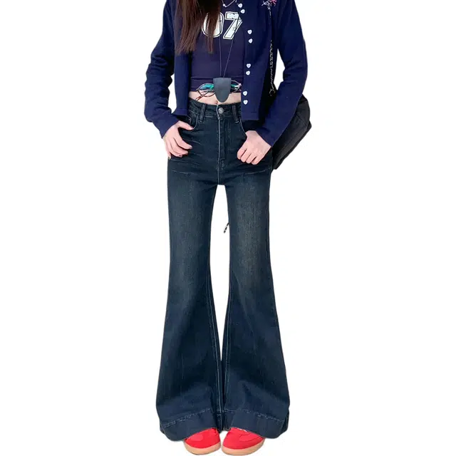 黛尔佳人 宽松微喇长裤设计感大裤脚阔腿拖地马蹄裤子牛仔裤 女款