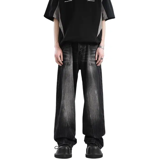 洞洞拐 美式高街男宽松阔腿直筒裤青少年潮牌痞帅牛仔裤 男女同款