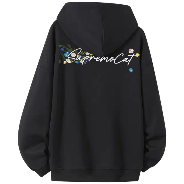 吾皇猫 原创美式复古学院风手绘简约百搭植物花卉印花连帽套头直筒休闲宽松无性别主义纯色多巴胺色系舒适透气长袖卫衣 男女同款