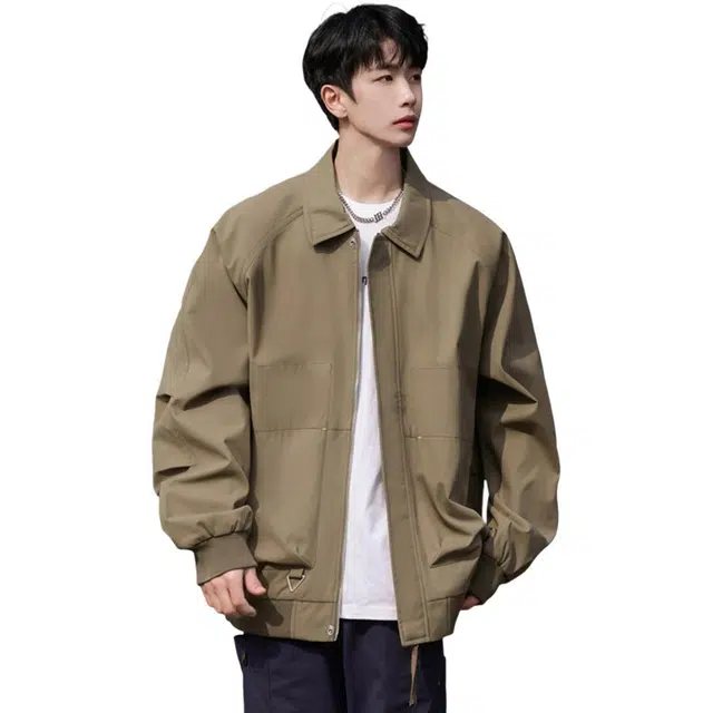顶峰保罗 美式复古痞帅潮牌无性别主义翻领飞行员机能风工装纯色宽松大码百搭简约时尚休闲长袖夹克外套 男女同款