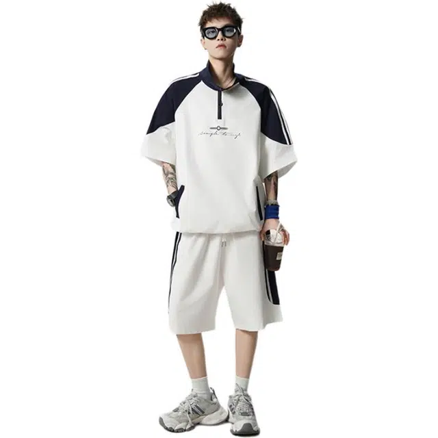 顶峰保罗 美式潮牌拼接撞色条纹字母短袖体恤短裤两件套无性别主义高级设计感休闲运动套装 男女同款