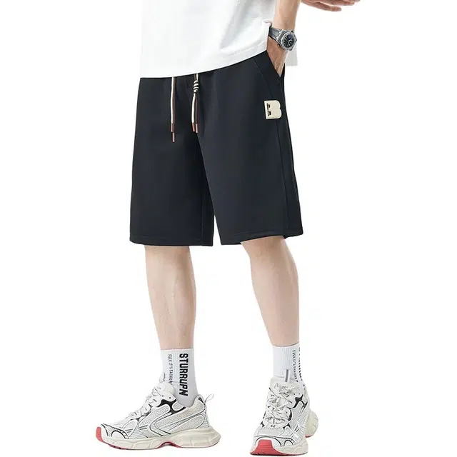 左岸 夏季薄款港风潮牌少年感华夫格字母小标弹力卫裤纯色宽松运动中裤沙滩裤百搭柔软亲肤舒适透气五分裤休闲短裤 男款