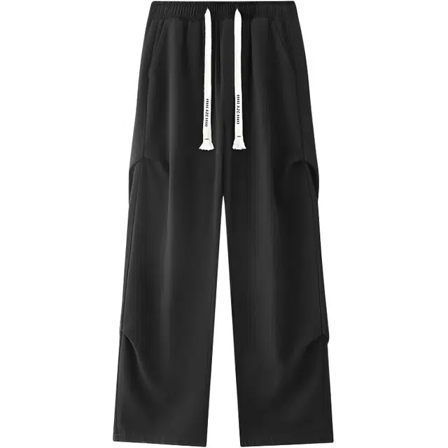 特斯型 美式薄款做旧水洗褶皱直筒宽松潮流松紧腰休闲牛仔裤 男女同款