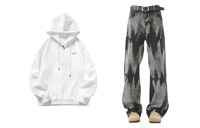 梓润格 潮流宽松简约百搭连帽纯色卫衣美式高街直筒设计感牛仔裤休闲运动套装 男女同款