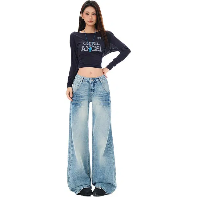 拾籍 设计感折痕复古阔腿裤百搭休闲宽松牛仔裤 女款