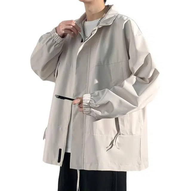 顶峰保罗 美式纯色工装直筒潮牌简约无性别主义休闲宽松翻领百搭时尚长袖夹克外套 男女同款