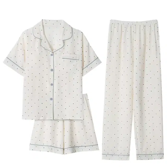 俏韵 翻领夏季云朵棉带胸垫甜美可爱短袖三件套休闲舒适薄款家居服可外穿睡衣套装 女款