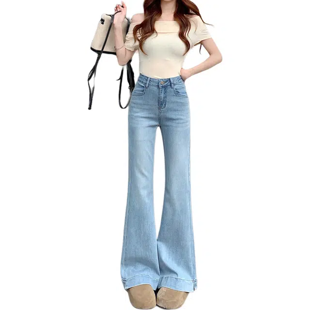 黛尔佳人 弹力微喇叭长裤修身显瘦设计感阔腿马蹄裤子牛仔裤 女款