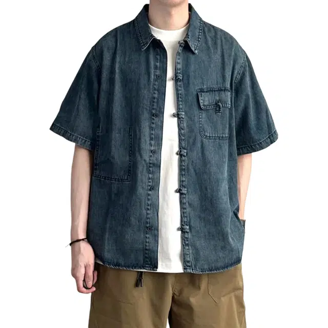 冈哉 做旧牛仔松盘扣口袋拼接设计美式复古文艺风翻领宽松休闲百搭舒适短袖衬衫 男女同款