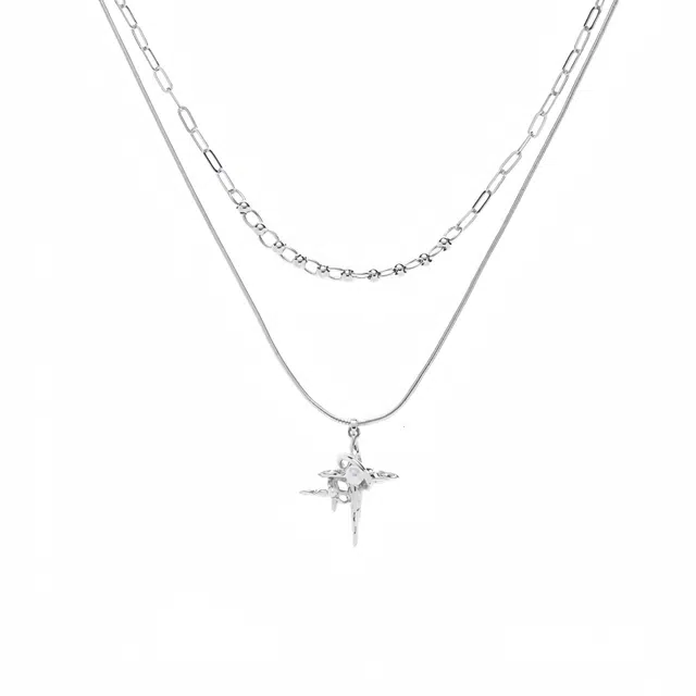 阿葱饰品 珍珠四芒星双层叠戴链 嘻哈街头美式潮牌高级感 精致镂空设计小清新百搭高街锁骨链 合金 项链 女款