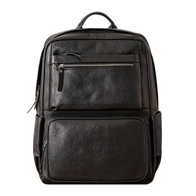 后步 大容量通勤休闲潮牌时尚 立体多袋电脑包书包 真皮头层牛皮 旅行包双肩包 男款 黑色