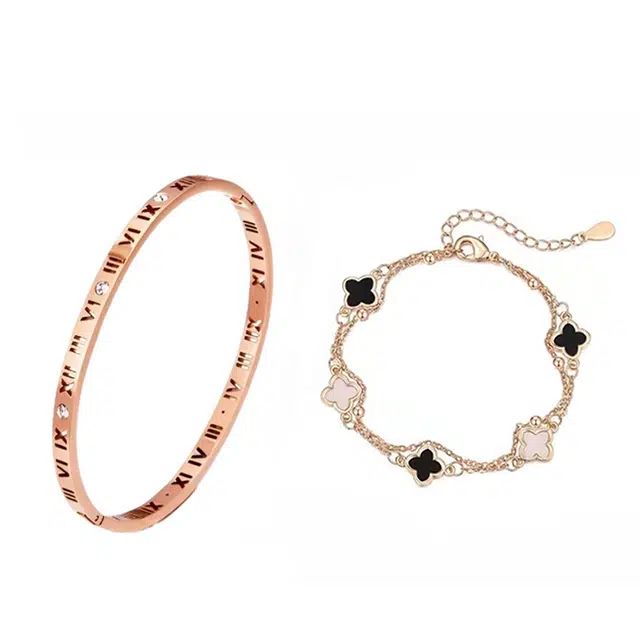 银彦 法式双层叠戴手饰 幸运四叶草 时来运转 诸事顺利有钱花 素圈可调节玫瑰金 小众百搭时尚礼盒 钛钢 手链 女款