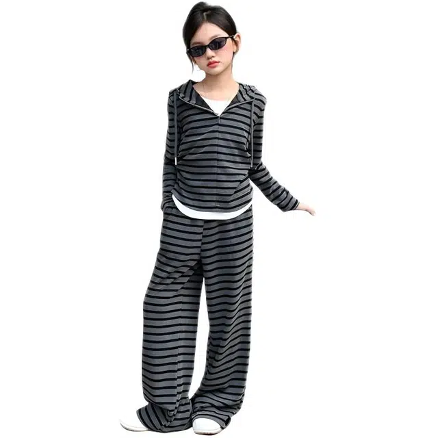 天才小熊休闲运动套装 女童春秋季时尚条纹大童潮牌小孩衣服 小女孩短袖洋气时髦 舒适帅气轻便