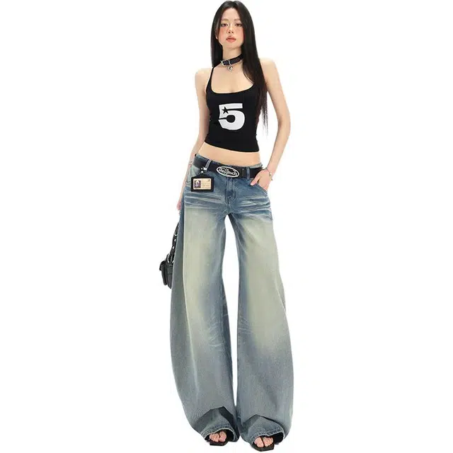 拾籍 复古水洗猫须设计低腰宽松阔腿裤女美式高街时尚百搭立体剪裁垂感拖地牛仔裤 女款