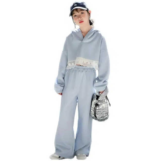 比比我休闲运动套装  女童春秋季蕾丝边大童潮牌小孩衣服 小女孩短袖洋气时髦 舒适帅气轻便