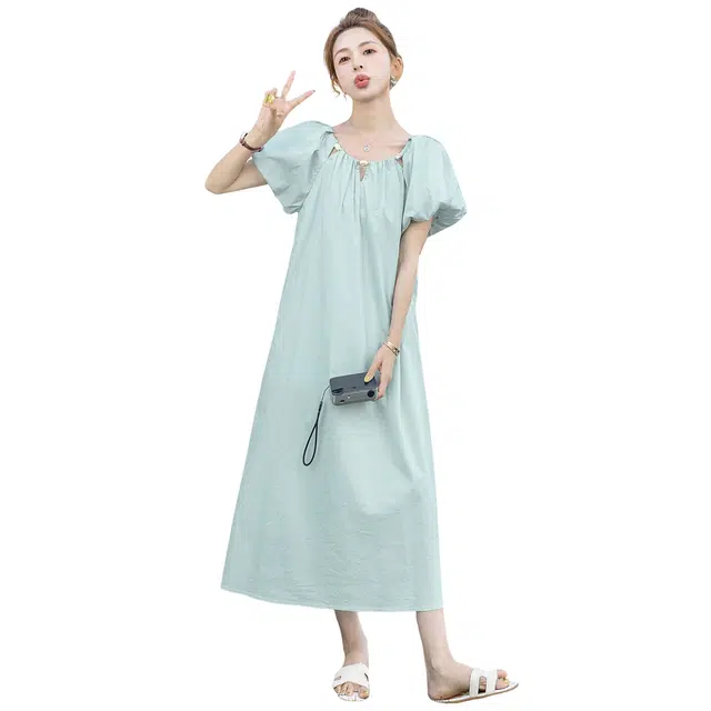 丝柏舍 小清新圆领泡泡袖气质短袖连衣裙 女款