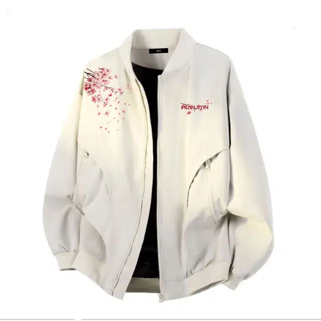 棉基因 美式复古简约品牌樱花字母印花拼接结构宽松休闲潮流百搭舒适工装飞行员棒球领学生通勤户外山系夹克外套 男女同款