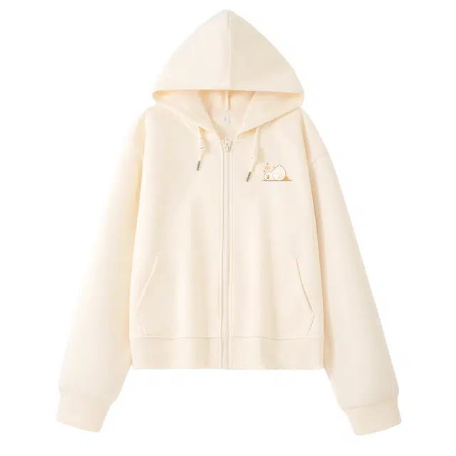 棉致 摆烂鸭简约休闲学院风舒适通勤百搭柔软短款宽松落肩挺括抗皱拉链开衫贴袋连帽卫衣 女款