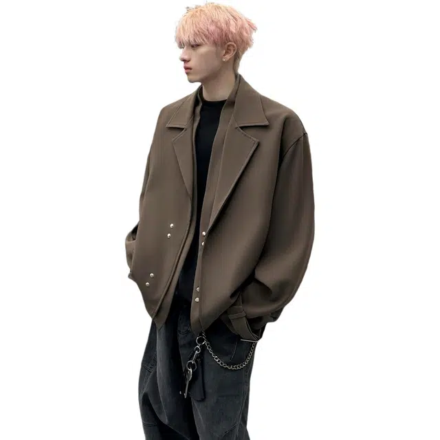 木林森 高街潮牌美式翻领宽松假两件机能休闲纯色防风夹克 男女同款