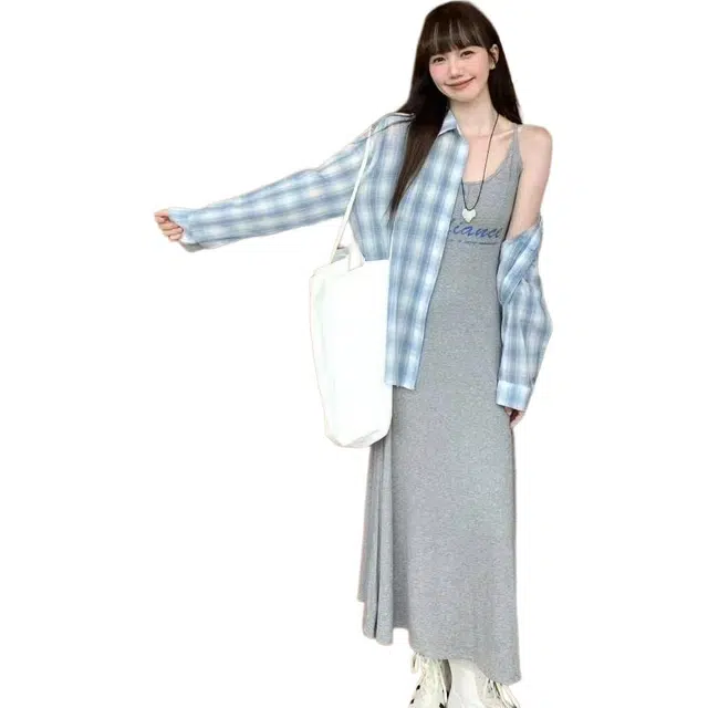 缪斯的诱惑 韩版时尚休闲格子长袖防晒衣+吊带印花连衣裙两件套裙装套装 女款