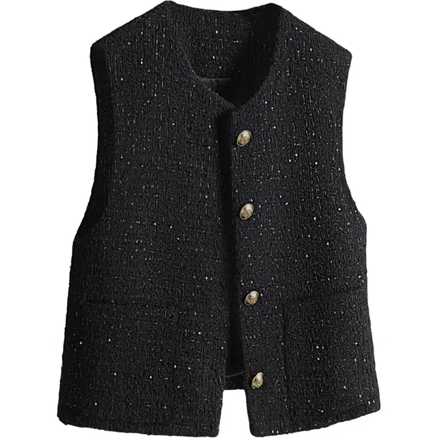 丝柏舍 小香风粗花呢气质宽松款单排扣撞色圆领短款亮片设计马甲 女款