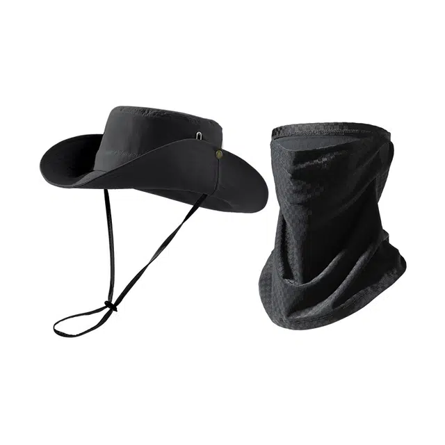 南极人 西部牛仔登山帽钓鱼爬山旅游沙漠遮阳帽子大帽檐速干透气户外防晒套装冰丝面罩遮全脸护颈围脖套全面防护 轻薄款 渔夫帽 男款