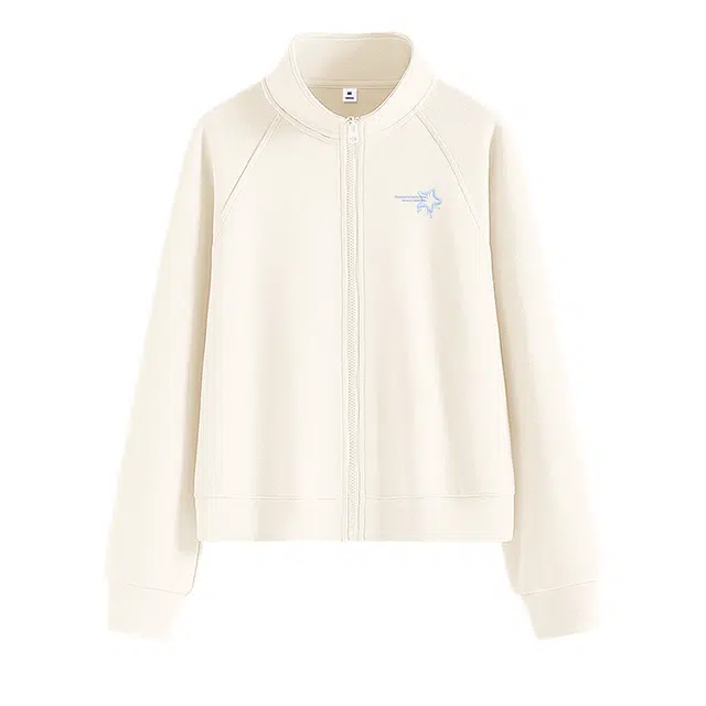 棉致 融化星星简约休闲学院风时尚通勤百搭宽松插肩短款挺括抗皱牛奶丝拉链开衫立领卫衣 女款