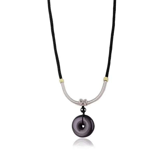 永恒旋律 招财纳福 平安扣转运吊坠 新中式小众国风简约设计 个性时尚大气日常通勤百搭 精美礼盒 可调节毛衣链 好运天然 黑曜石 项链 男款