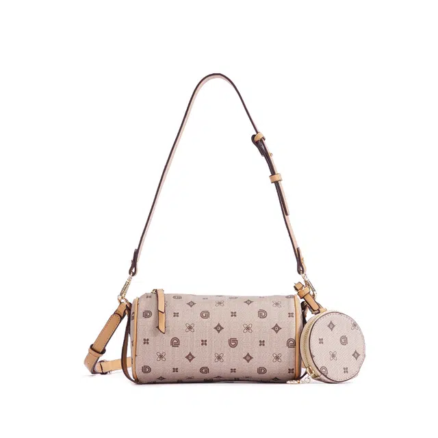 都宝路 质感休闲洋气复古印花圆筒包日常通勤气质小众 合成革 单肩斜挎包 女款 啡色/杏色