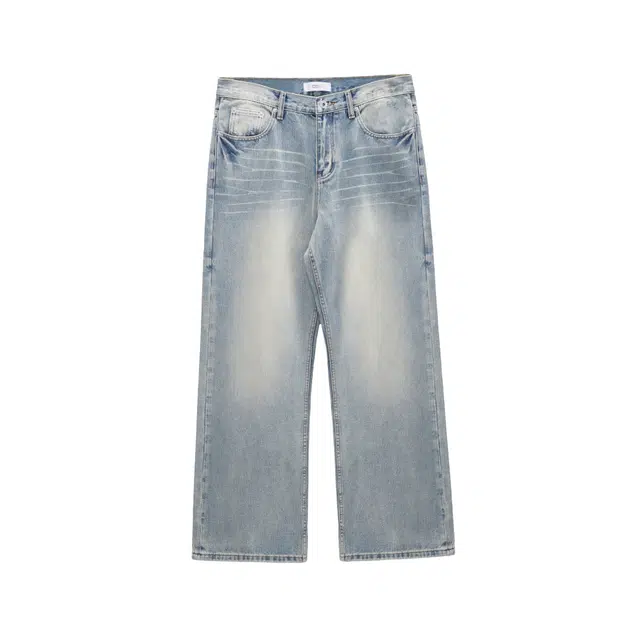 怪兽实验室 盎司仿赛竖竹节纹美式波纹猫须微喇通勤牛仔裤 男女同款