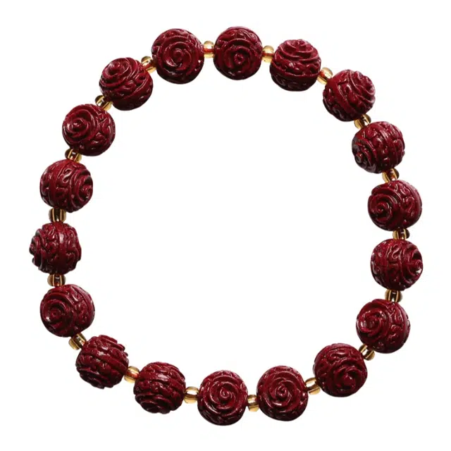 宣华意 玫瑰花形 国风复古新中式简约创意优雅文艺气质百搭雕刻本命年饰品 幸福安康 吉祥如意#好运 朱砂 手串 女款