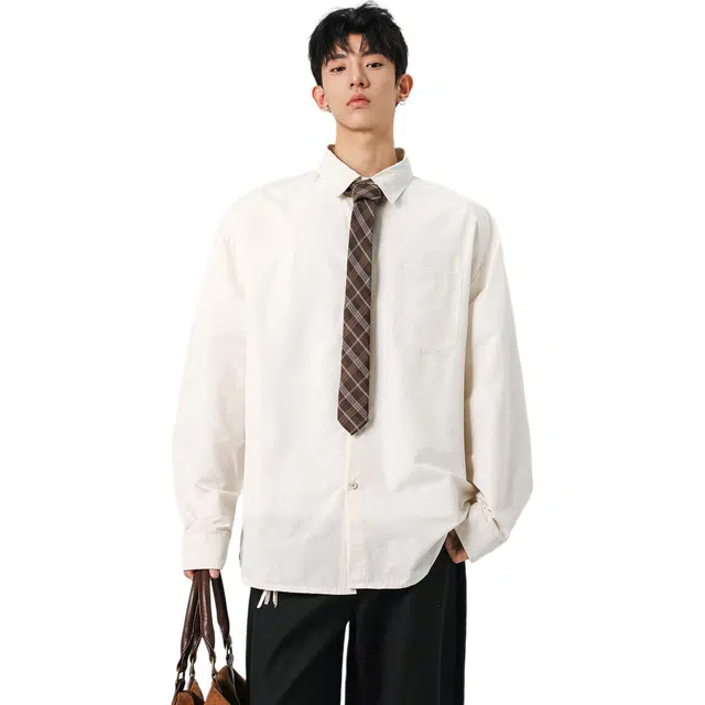 瑞梵帝斯 港风复古轻奢潮牌宽松百搭柔软舒适显瘦无性别主义翻领纽扣户外休闲学院风长袖纯色工装防晒外套男生衬衫 男款