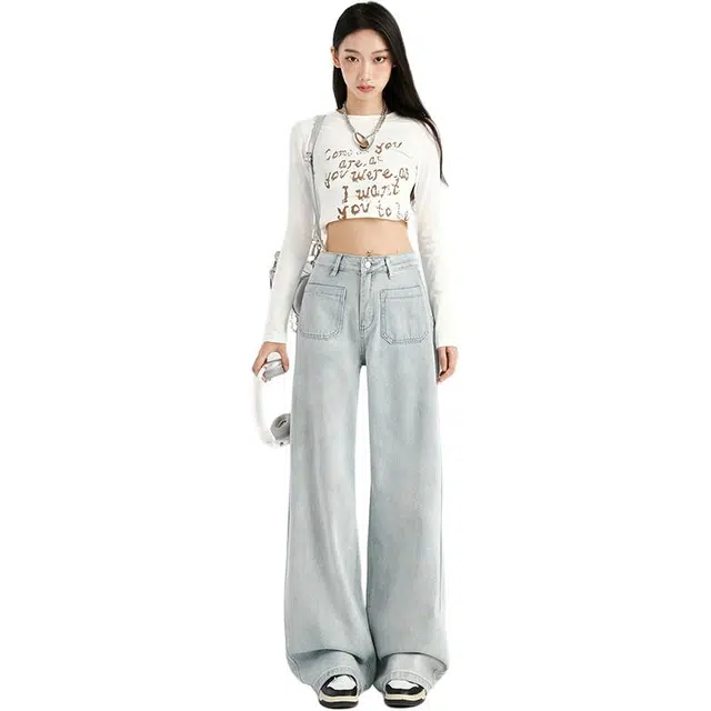 拾籍 设计感时尚高腰阔腿复古宽松牛仔裤 女款