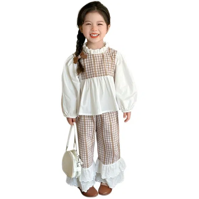 天才小熊休闲运动套装 女童春秋季格纹花边裤大童潮牌小孩衣服 小女孩短袖洋气时髦 舒适帅气轻便