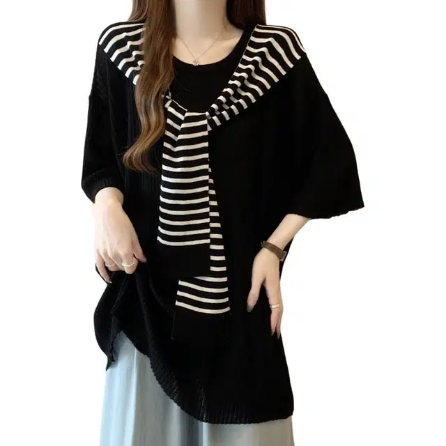 雾闪闪 法式圆领黑白条纹短袖女大码胖妹妹洋气独特上衣 针织衫 女款