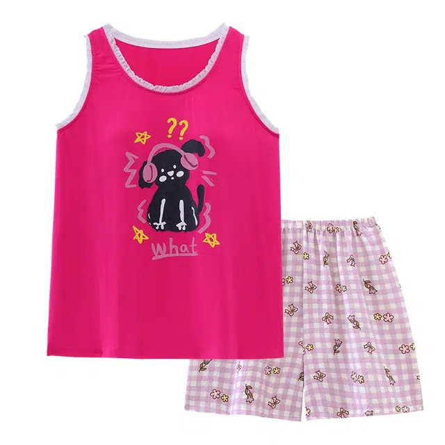 顶瓜瓜 带胸垫无袖上衣短裤泡泡皱圆领套头可爱卡通小狗格子大花休闲两件套家居服夏季睡衣套装 女款