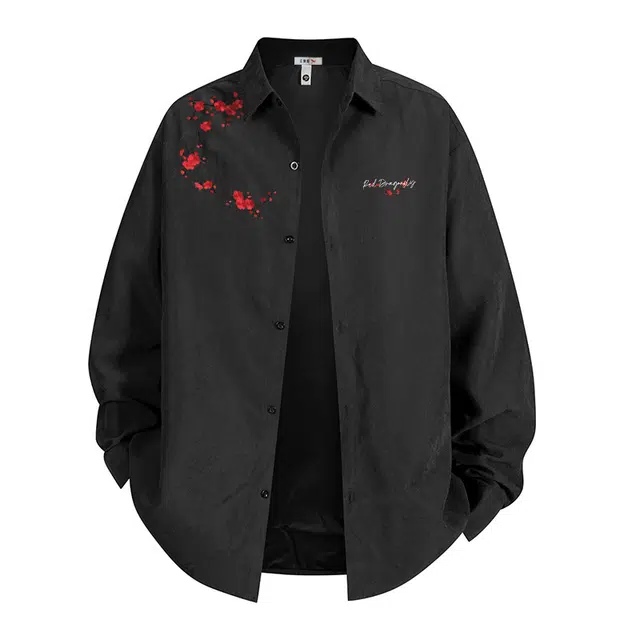 红蜻蜓 美式潮牌仿刺绣字母设计纯色条纹外套男高级感痞帅春季情侣夹克衫长袖衬衫 男女同款