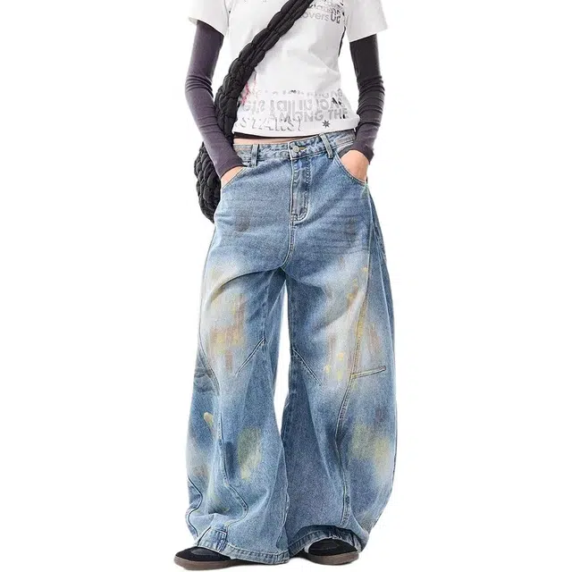 水中花 美式复古脏脏做旧涂鸦弯刀裤宽松阔腿裤牛仔裤 女款