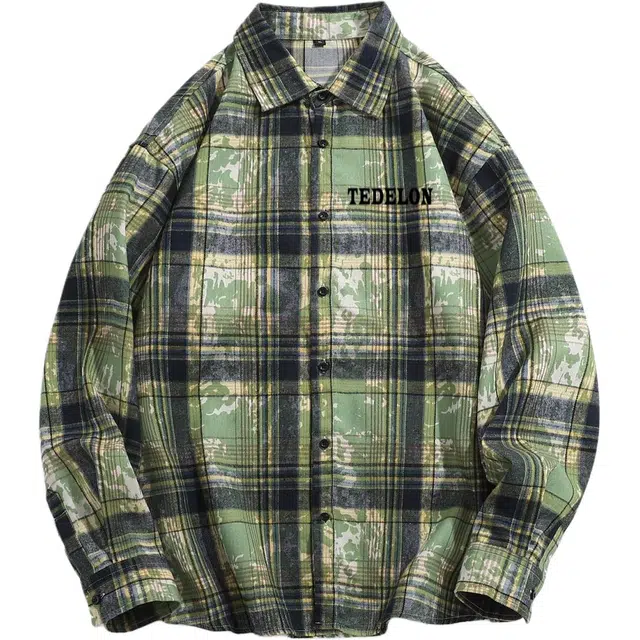 太子龍 户外工装美式休闲拼色格子宽松泼墨字母印花简约时尚翻领长袖潮流衬衫 男款