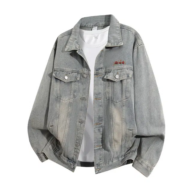 红蜻蜓 美式设计感复古水洗做旧纯色磨白条纹拉链袖口痞帅街头潮流舒适休闲基础春秋潮牌牛仔外套 男女同款